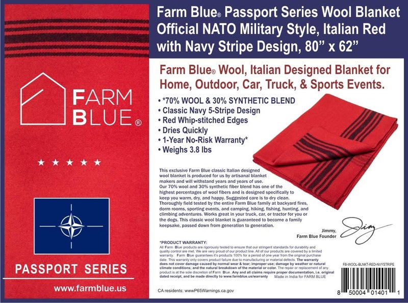 Farm Blue بطانية صوف زرقاء عسكرية - بطانيات تخييم سميكة وخفيفة الوزن 80" × 62" - بطانيات بقاء كبيرة للسيارة، المشي، الرحلات والتخييم في الهواء الطلق (أحمر مع خطوط بحرية) - Image 5